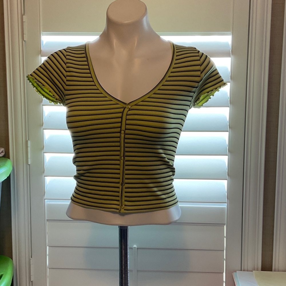 Striped Black and Yellow Button-Up Women's Blouse